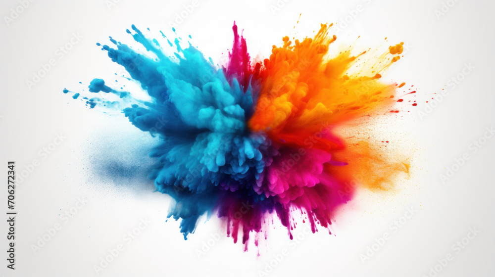 Dynamic burst of blue, purple, and orange color powder against a stark white background, symbolizing creativity and energy.
