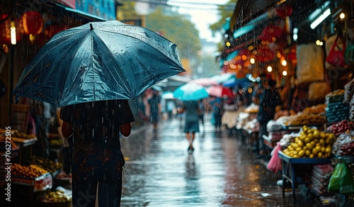 Street market in Asia raining, photography created with AI