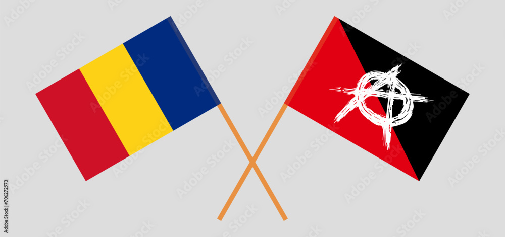 Crossed flags of Romania and anarchy. Official colors. Correct proportion Crossed flags of Romania and anarchy. Official colors. Correct proportion