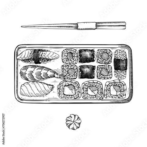 Sushi rolls in plastic box. Asian cuisine meal sketch. Vintage fast food drawing. Food delivery design element. Take away box package