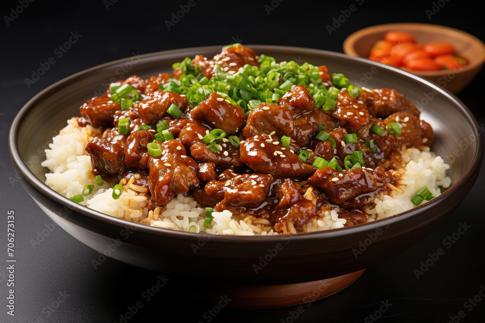 Close-up of stewed pork with boiled rice in Taiwanese style. The famous Taiwanese traditional street food delicacy.