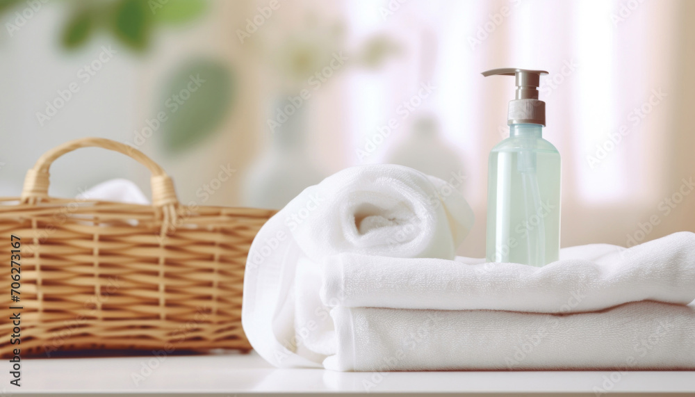 Spa and wellness setting with rolled white towels and a green soap dispenser on a bright, serene background. Spa and wellness setting with rolled white towels and a green soap dispenser on a bright, serene background.