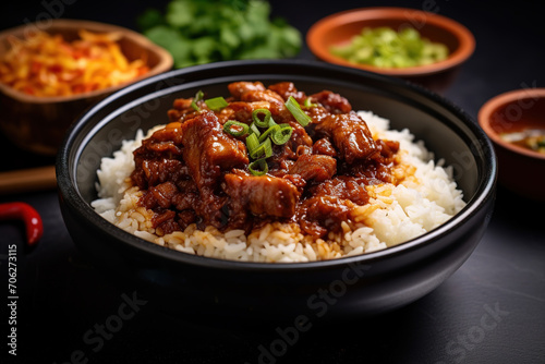 Close-up of stewed pork with boiled rice in Taiwanese style. The famous Taiwanese traditional street food delicacy.