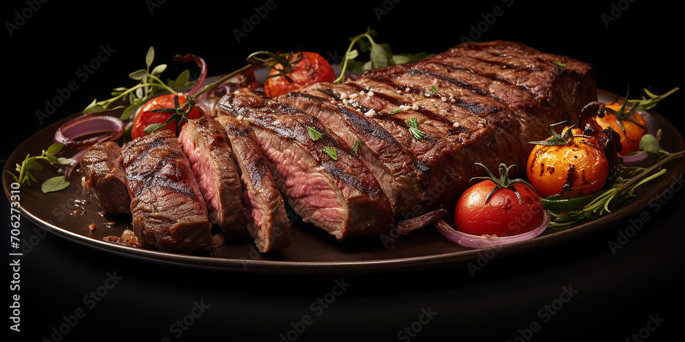 Grilled meat steak served on a plate with spices and herbs. aesthetic image for restaurant, menu.	