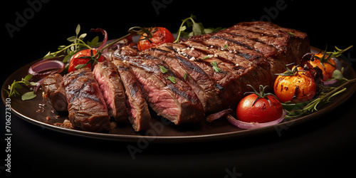 Grilled meat steak served on a plate with spices and herbs. aesthetic image for restaurant, menu.	