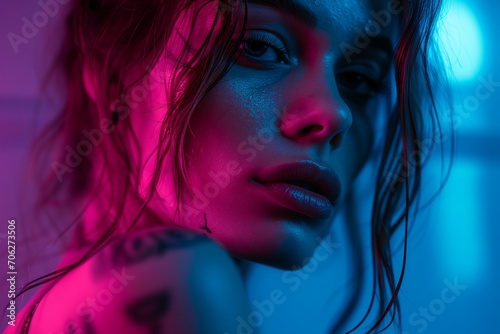 Beautiful model girl portrait with blue and pink lighting.