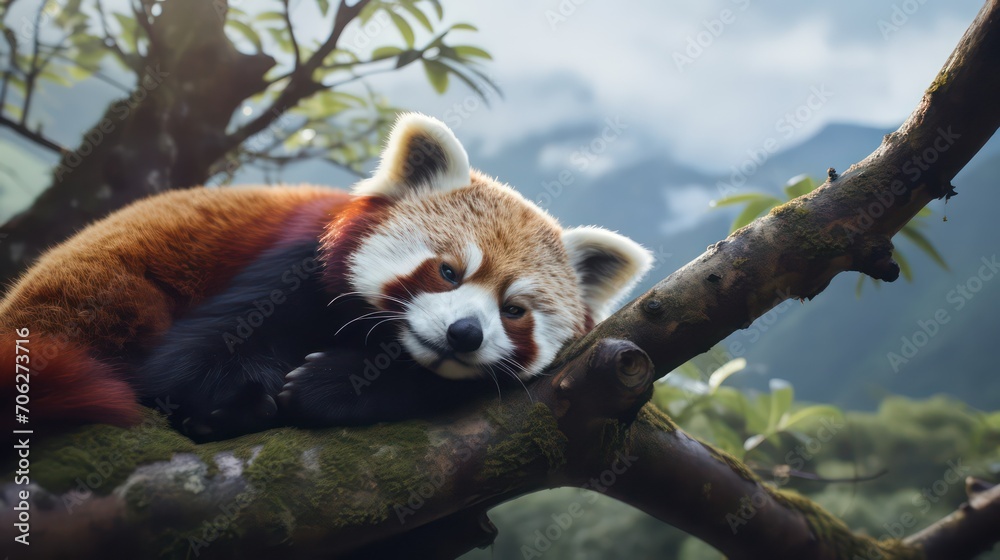 Obraz premium A red panda lying on a tree branch 