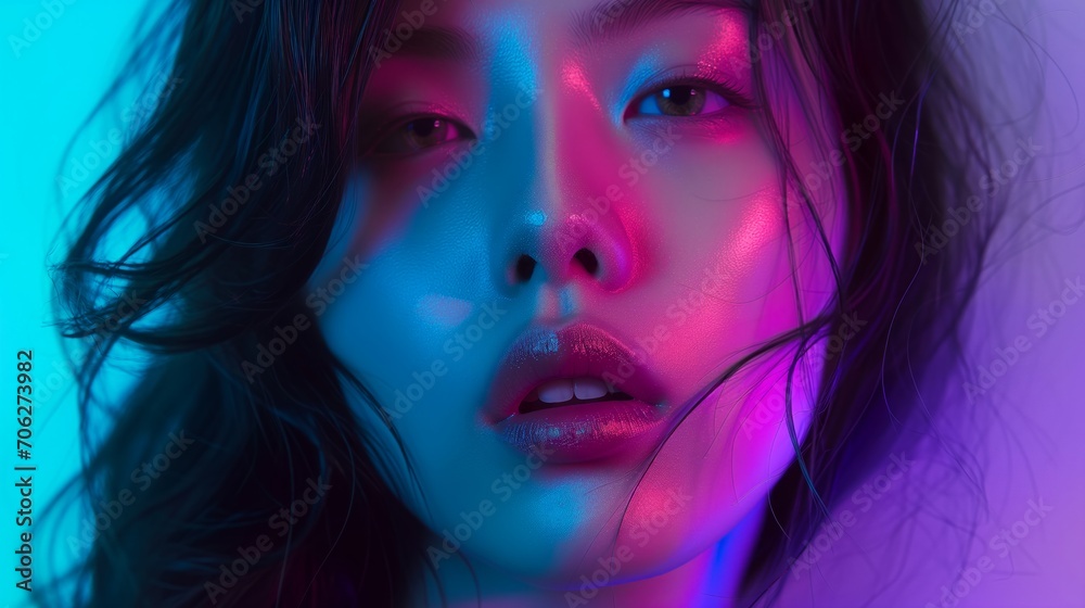 Flirty young Asian model girl with blue and pink lighting.