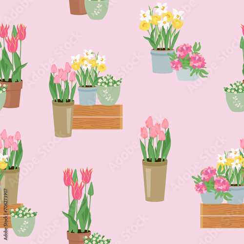 Beautiful vector seamless floral pattern with spring flowers tulips, daffodils in the pots. Endless pattern can be used for fabric, wallpaper, pattern fills, web page background, surface textures.