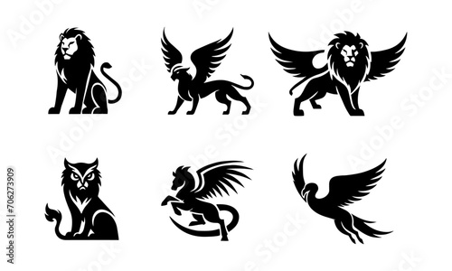 DIFFERENT ANIMALS IN TO mythology creatures mascot beautiful logo ICONS , silhouetteS SET