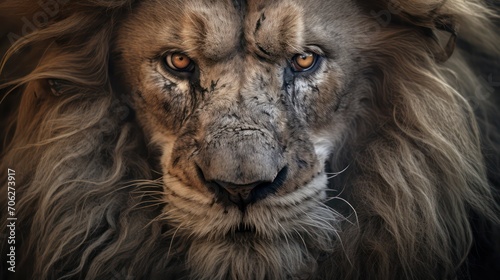A close up of a aged lion s face