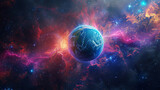 Space Scene. Eearth Planet Fly In Colorful Fractal Nebula. Elements Furnished. Wallpaper. Backgrounds