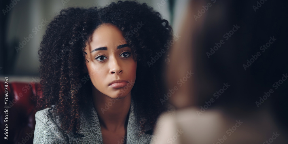 Psychology, young and woman talking to a psychologist for mental health, psychotherapy and counselling. Sad, depressed and black american female talking to a therapist for anxiety, stress or PTSD - obrazy, fototapety, plakaty 