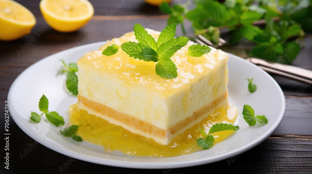 A delectable slice of lemon cheesecake topped with lemon glaze and a fresh mint leaf, on a white plate.