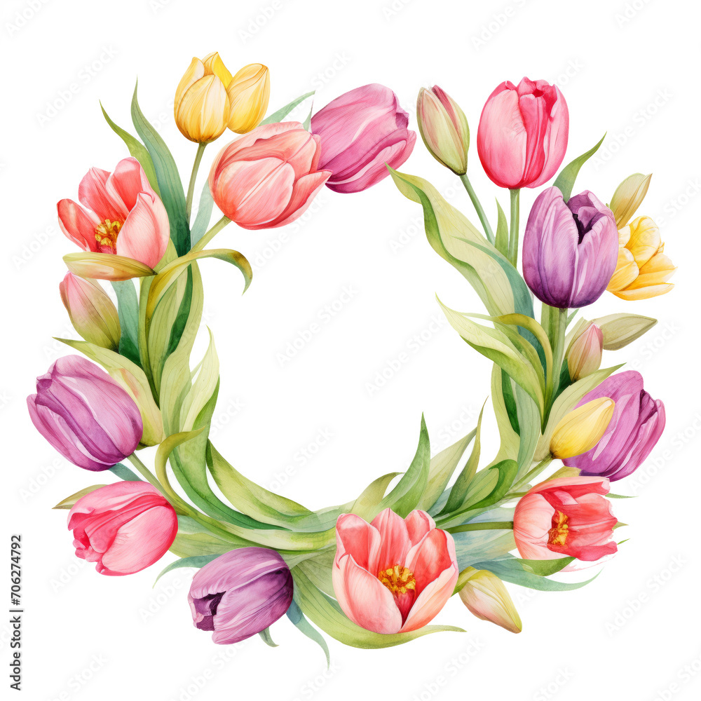 watercolor wreath of flowers leaves and tulips.