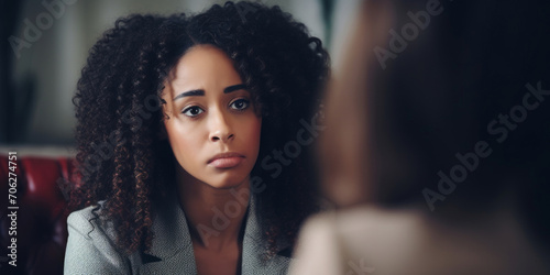 Psychology, young and woman talking to a psychologist for mental health, psychotherapy and counselling. Sad, depressed and black american female talking to a therapist for anxiety, stress or PTSD photo