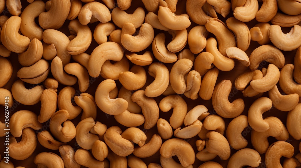 A large quantity of delicious raw cashews are arranged on a smooth tabletop in full frame top view.