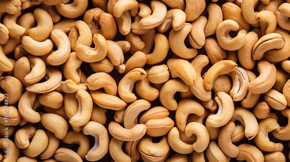A large quantity of delicious raw cashews are arranged on a smooth tabletop in full frame top view. A large quantity of delicious raw cashews are arranged on a smooth tabletop in full frame top view.
