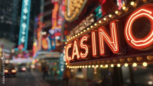 Neon Casino signs Las Vegas, Nevada, travel destination with blur cityscape.. Tourism exploring. Generative AI