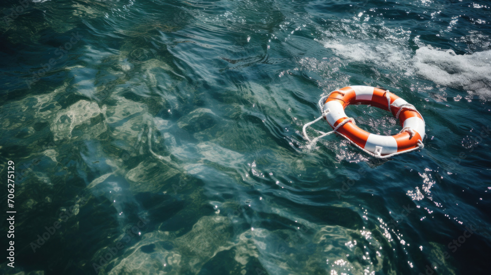 A life-saving orange and white lifebuoy floats on the clear blue water of the ocean, symbolizing safety and rescue. - obrazy, fototapety, plakaty 
