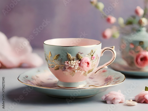 Beautiful porcelain cup and saucer on table on light background.