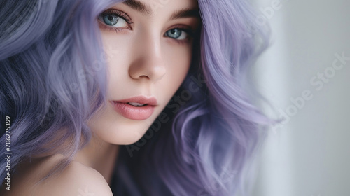 A young woman with captivating purple wavy hair and striking eyes exudes a sense of mystery and beauty.