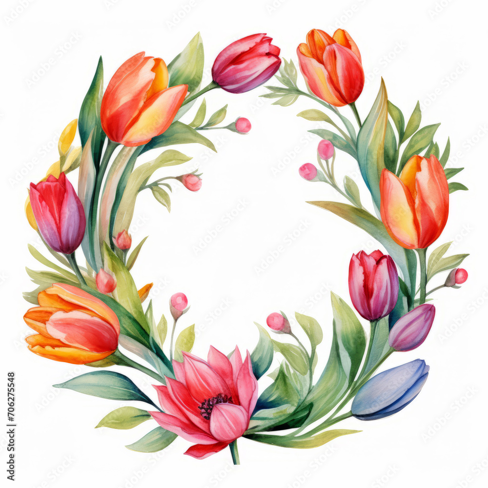 watercolor wreath of flowers leaves and tulips. watercolor wreath of flowers leaves and tulips.