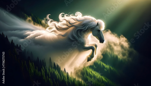 Serenity in Motion White Horse on Green