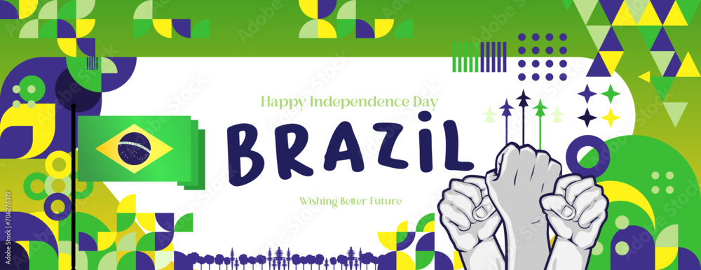 Brazil Independence day banner in colorful modern geometric style. Happy national independence day greeting card cover with typography. Vector illustration for national holiday celebration party Brazil Independence day banner in colorful modern geometric style. Happy national independence day greeting card cover with typography. Vector illustration for national holiday celebration party