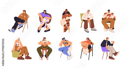 People sit on chairs set. Happy characters rest, relax on seats in different poses. Persons reading book, drink coffee, waiting on soft armchair. Flat isolated vector illustration on white background