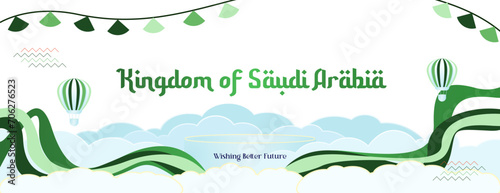 Saudi Arabia National Day banner in colorful modern geometric style. Happy National Independence Day greeting card cover with typography. Vector illustration for national holiday celebration party