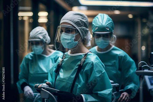 Doctors and nurses in special equipment wearing doctor clothes. generative ai photo