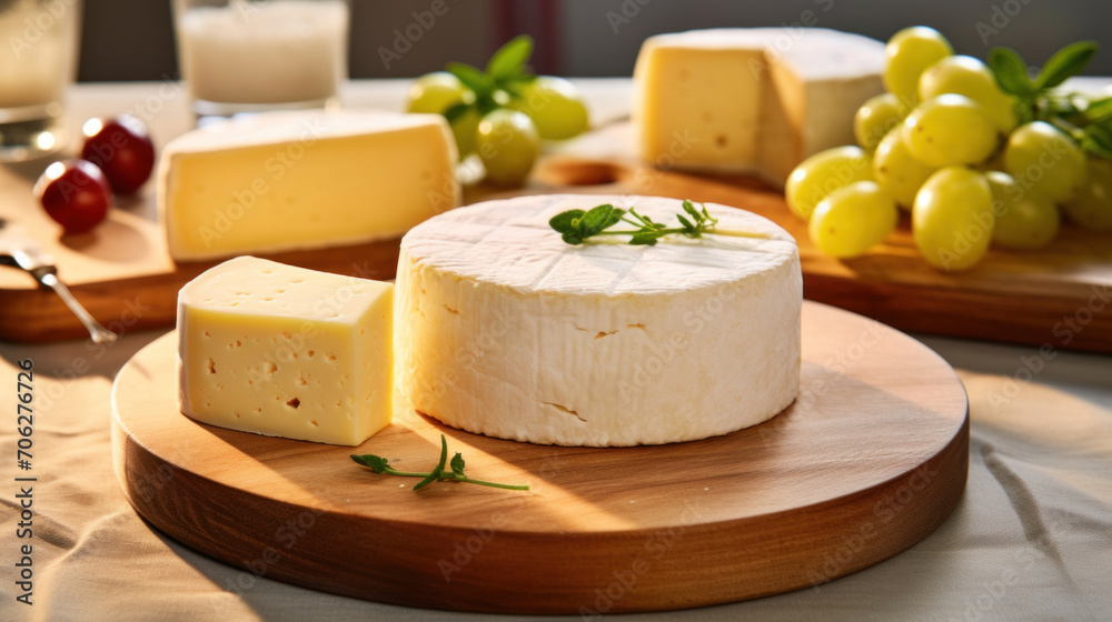 A variety of gourmet cheeses presented on a round wooden board, accompanied by fresh grapes.