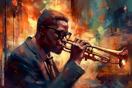 Dark-skinned man wearing sunglasses plays wind trumpet, Jazz, drawn in watercolor on textured paper. Digital watercolor painting photo