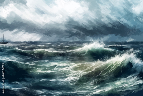 Ocean waves, storm on the sea with blue and gray clouds. Seascape painted in watercolor on textured paper in green and blue tones. Digital watercolor painting