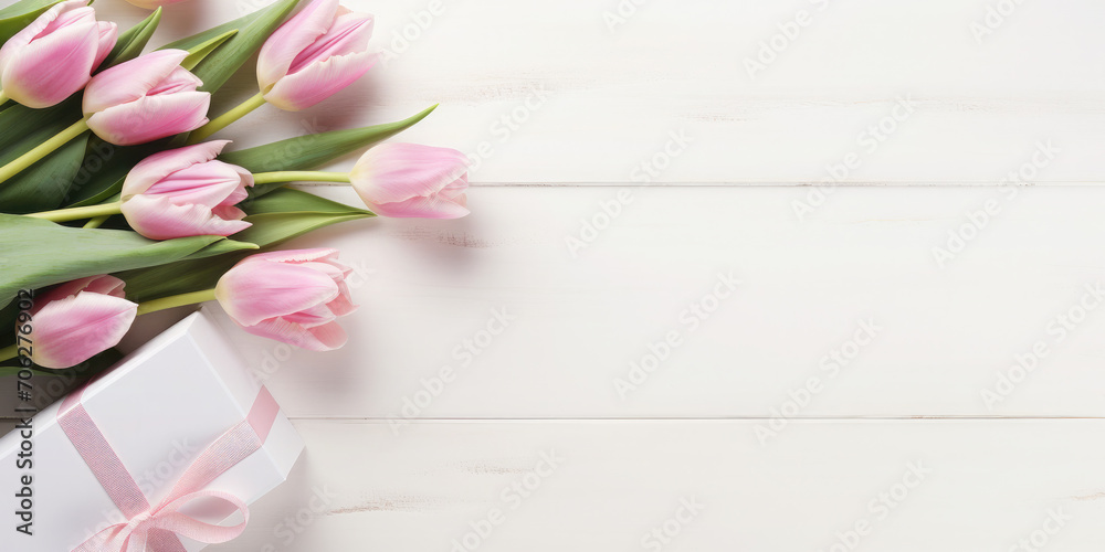 Bunch of tulips, holiday gift box on a white wooden background. There is empty space on the side of the photo for text and advertising. Holiday banner.Flat lay. Top view