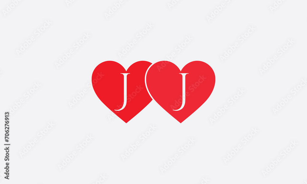 Hearts shape JJ. Red heart sign letters. Valentine icon and love symbol. Romance love with heart sign and letters. Gift red love