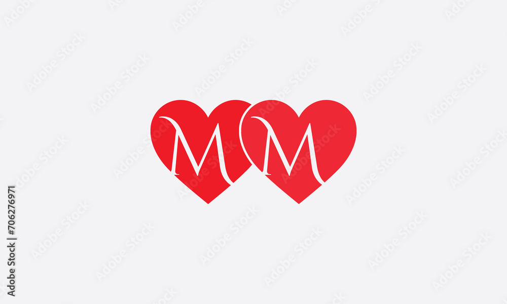Hearts shape MM. Red heart sign letters. Valentine icon and love symbol. Romance love with heart sign and letters. Gift red love