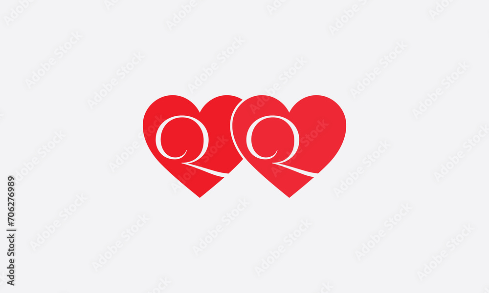 Hearts shape QQ. Red heart sign letters. Valentine icon and love symbol. Romance love with heart sign and letters. Gift red love