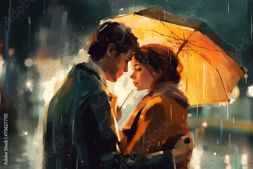 A couple in the night under an umbrella, a man gently embracing a girl on a night city street, drawn in watercolor on textured paper. Digital Watercolor Painting
