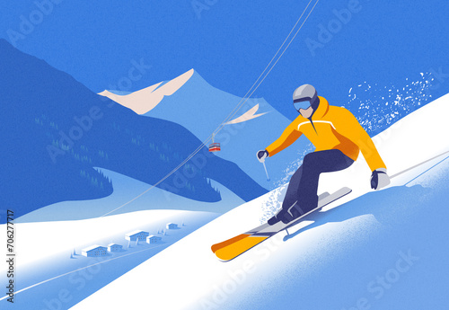 A skier rushes down the mountainside against the backdrop of an alpine village. Vector illustration (ID: 706277717)