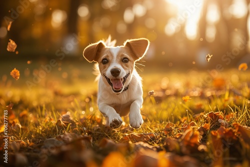 A dog running in the park in Golden Time. photo