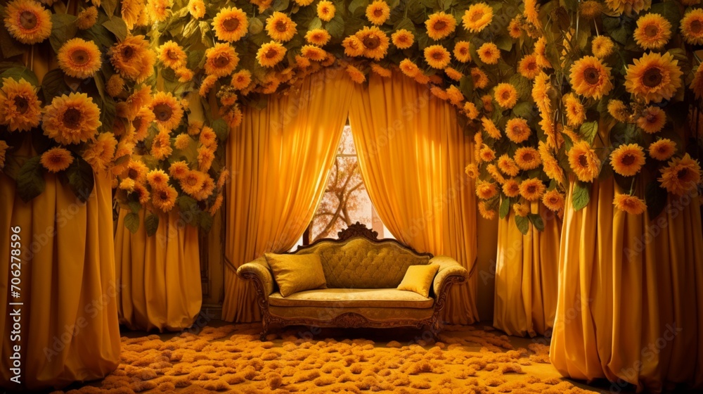 a sunflower-yellow curtains, their cheerful hues illuminating the room with a sunny disposition, evoking feelings of happiness and optimism within the space.