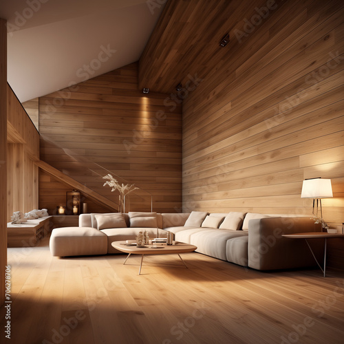 Wooden paneling in the log cabin. Modern living room interior design, 