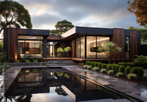 Home, property and real estate for investing, retirement and family in remote location. House, modern and architecture for sale, property and building with trees, mortgage and development for holiday © BotStarter/Peopleimages - AI