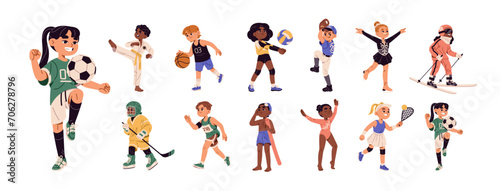 Children sports games  exercises set. Kids are soccer  football players. Active child running  swimming  skiing. Boy plays baseball. Girl goes tennis. Flat isolated vector illustration on white