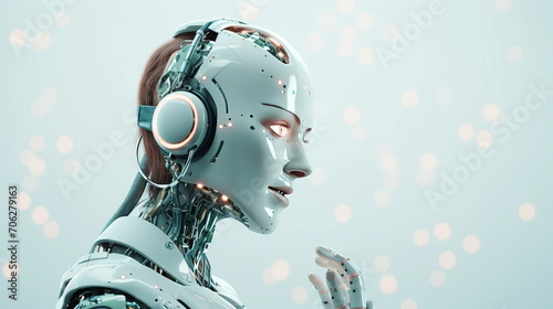 Cyborg woman robot on light bokeh background with copy space. Science  technology  robot human assistant  Ai Artificial Intelligence technology .