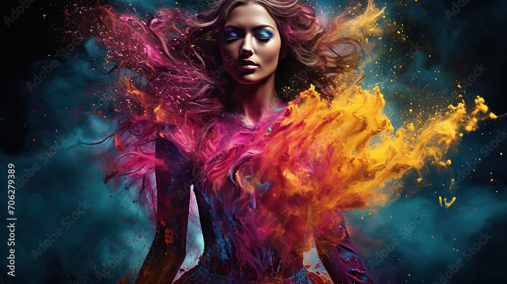 horizontal image of a beautiful young lady splashed with colourful powders AI generated horizontal image of a beautiful young lady splashed with colourful powders AI generated