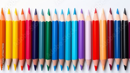 A vibrant array of isolated colorful pencils, neatly arranged on a pristine white background, showcasing the vivid hues and artistic potential of these essential tools.