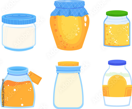 Collection of various honey jars with labels and lids. Different styles of honey containers with golden liquid inside. Kitchen and food, sweet organic product vector illustration.